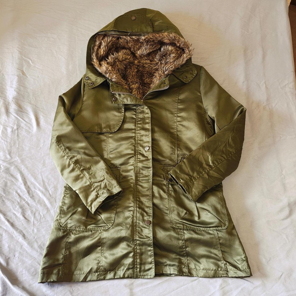 Gap Olive Green Sateen Faux Fur Lined Hooded Utility Parka Jacket Womens M